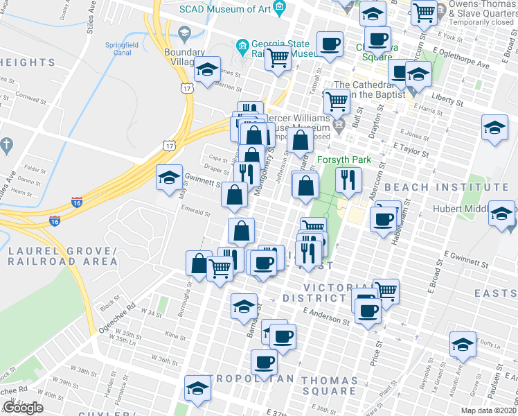 map of restaurants, bars, coffee shops, grocery stores, and more near 911 Jefferson Street in Savannah