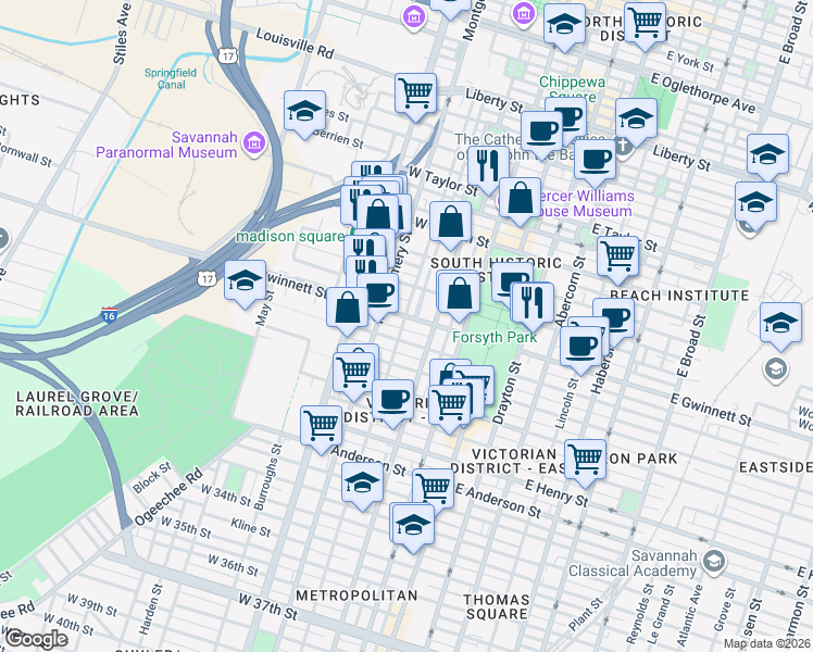 map of restaurants, bars, coffee shops, grocery stores, and more near 215 West Hall Street in Savannah