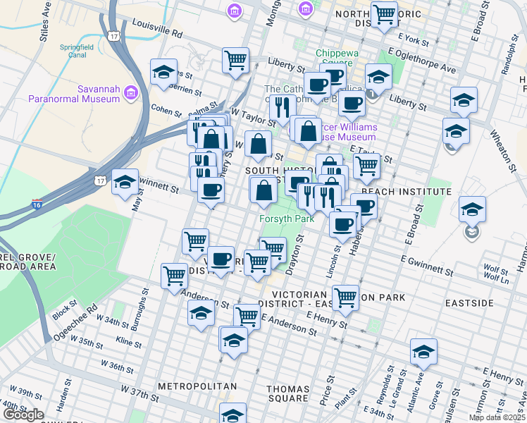 map of restaurants, bars, coffee shops, grocery stores, and more near 701 Whitaker Street in Savannah
