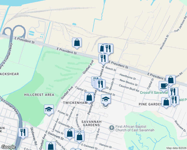 map of restaurants, bars, coffee shops, grocery stores, and more near 1932 Hawthorne Street in Savannah
