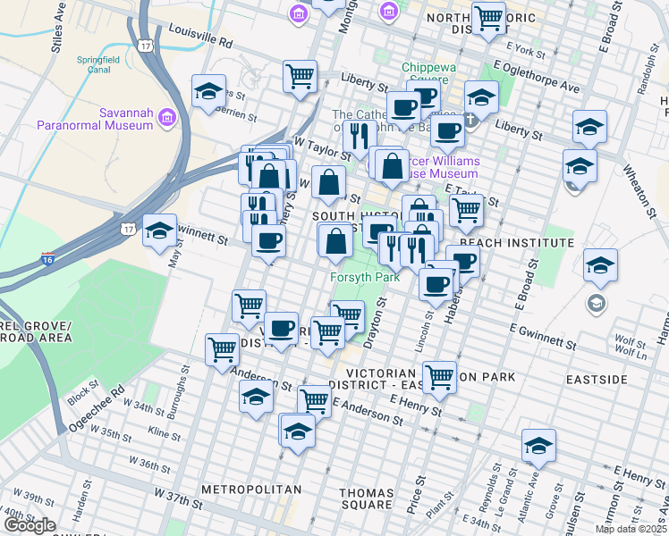 map of restaurants, bars, coffee shops, grocery stores, and more near 106 West Gwinnett Street in Savannah