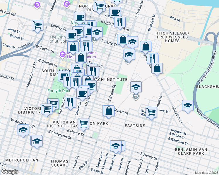 map of restaurants, bars, coffee shops, grocery stores, and more near 501 Blair Street in Savannah