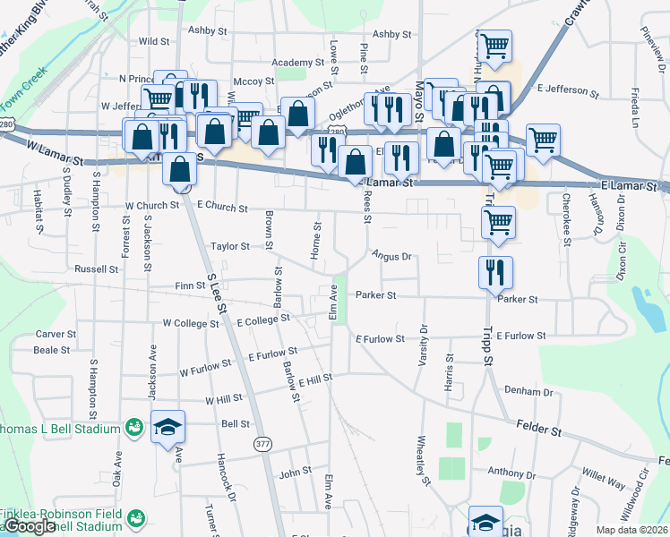 map of restaurants, bars, coffee shops, grocery stores, and more near 413 Jones Drive in Americus