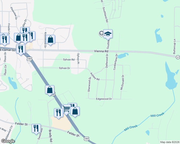 map of restaurants, bars, coffee shops, grocery stores, and more near 221 Sylvan Road in Americus
