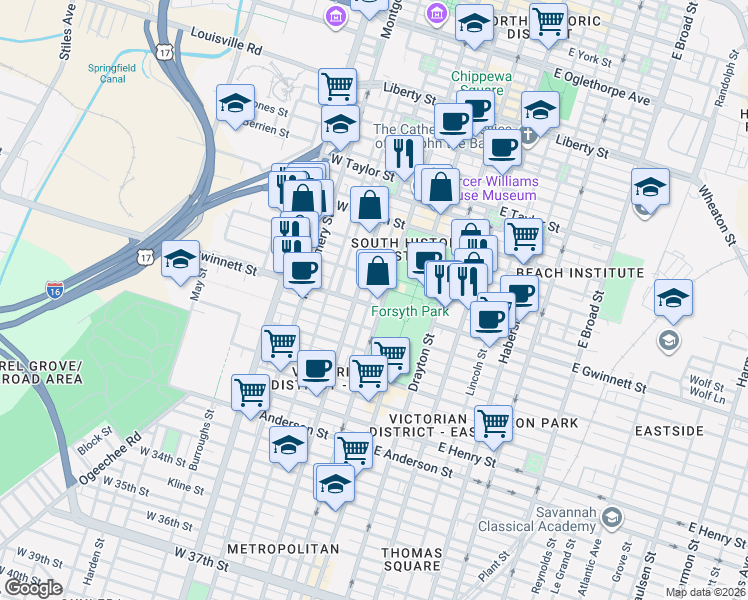 map of restaurants, bars, coffee shops, grocery stores, and more near 106 West Gwinnett Street in Savannah