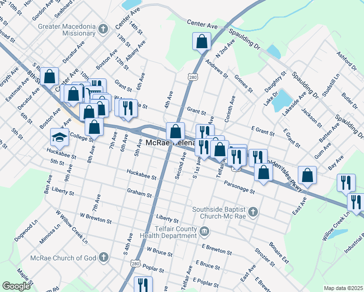 map of restaurants, bars, coffee shops, grocery stores, and more near in McRae-Helena