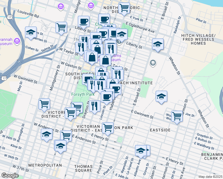 map of restaurants, bars, coffee shops, grocery stores, and more near 602 Lincoln Street in Savannah