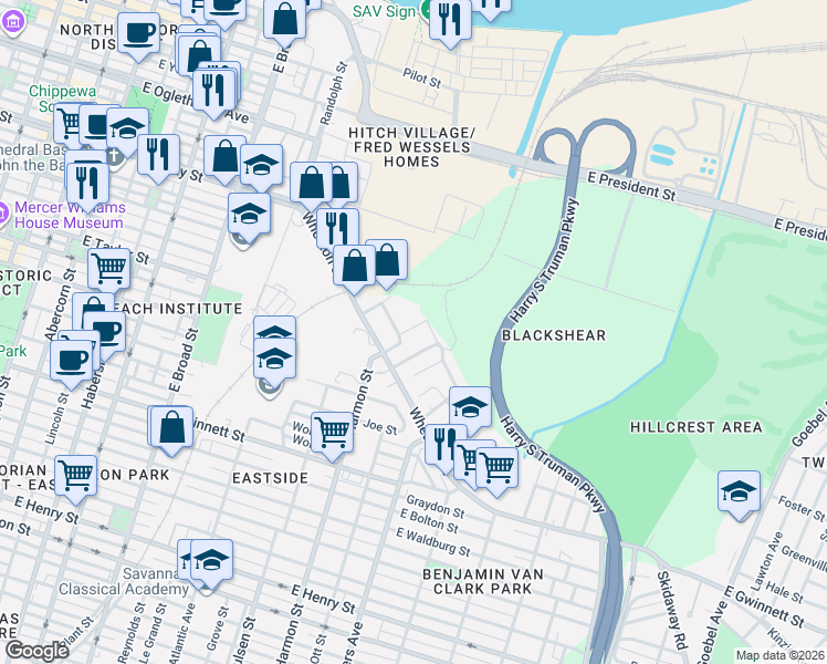 map of restaurants, bars, coffee shops, grocery stores, and more near 65 Dundee Street in Savannah