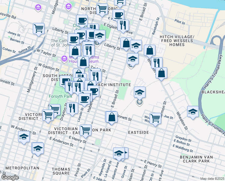 map of restaurants, bars, coffee shops, grocery stores, and more near 501 Blair Street in Savannah