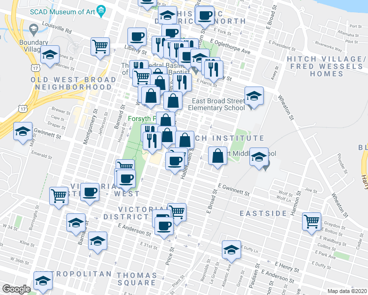 map of restaurants, bars, coffee shops, grocery stores, and more near 314 East Huntingdon Street in Savannah