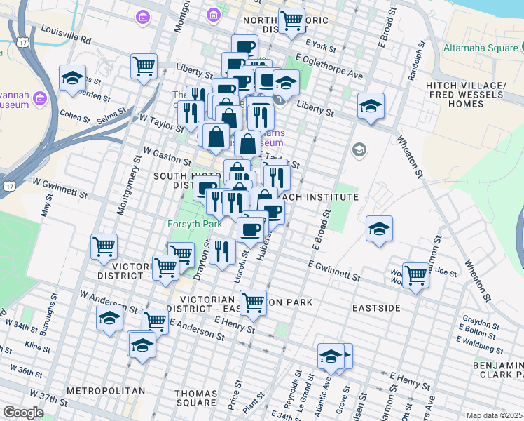 map of restaurants, bars, coffee shops, grocery stores, and more near 314 East Huntingdon Street in Savannah