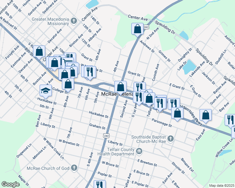 map of restaurants, bars, coffee shops, grocery stores, and more near in McRae-Helena