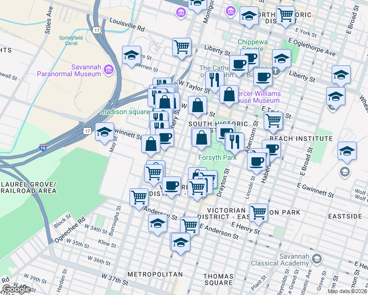 map of restaurants, bars, coffee shops, grocery stores, and more near 215 West Hall Street in Savannah