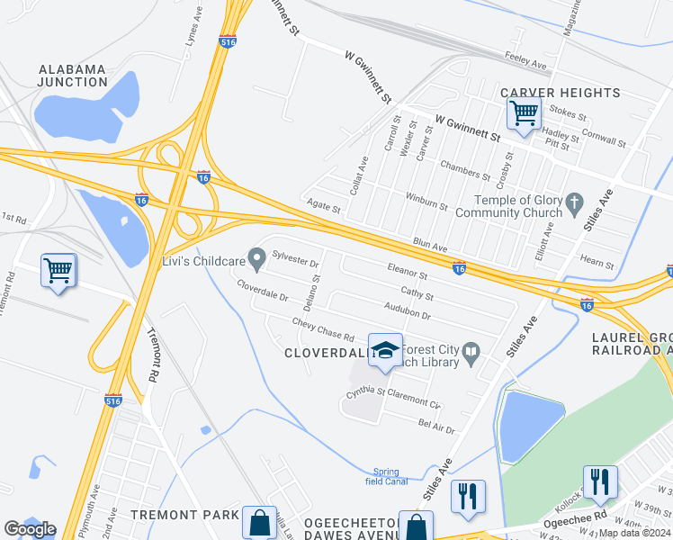 map of restaurants, bars, coffee shops, grocery stores, and more near 1535 Cathy Street in Savannah
