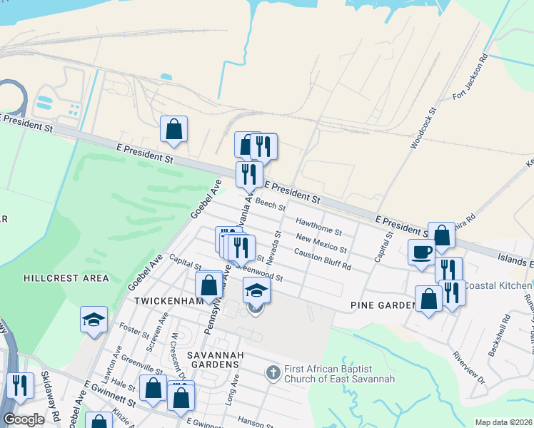 map of restaurants, bars, coffee shops, grocery stores, and more near 2015 Beech Street in Savannah