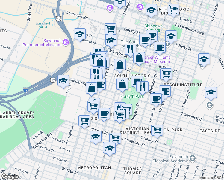 map of restaurants, bars, coffee shops, grocery stores, and more near 215 West Hall Street in Savannah
