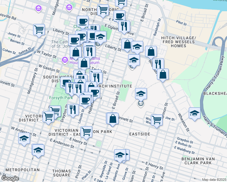 map of restaurants, bars, coffee shops, grocery stores, and more near 501 Blair Street in Savannah