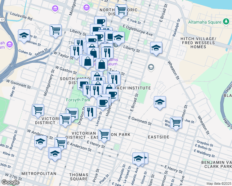 map of restaurants, bars, coffee shops, grocery stores, and more near 314 East Huntingdon Street in Savannah