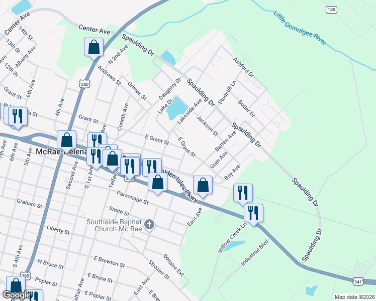 map of restaurants, bars, coffee shops, grocery stores, and more near 76 East Grant Street in McRae