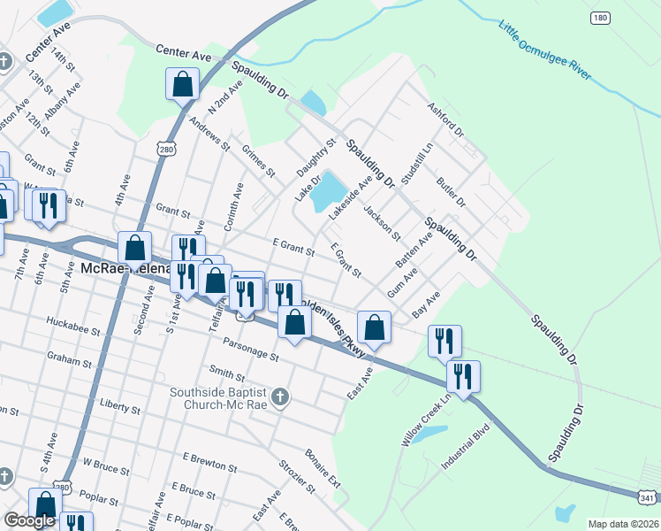map of restaurants, bars, coffee shops, grocery stores, and more near 70 East Grant Street in McRae-Helena