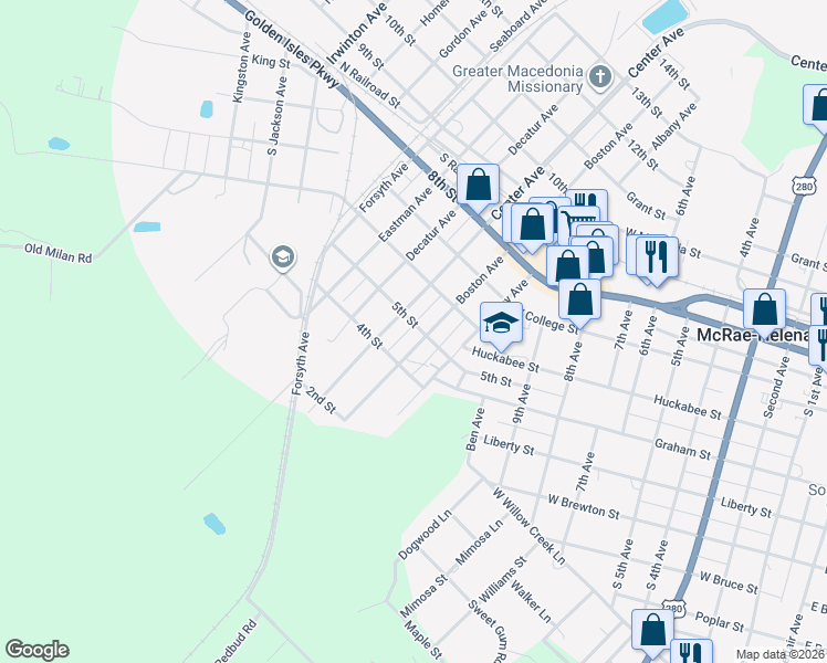 map of restaurants, bars, coffee shops, grocery stores, and more near 52 5th Street in McRae-Helena