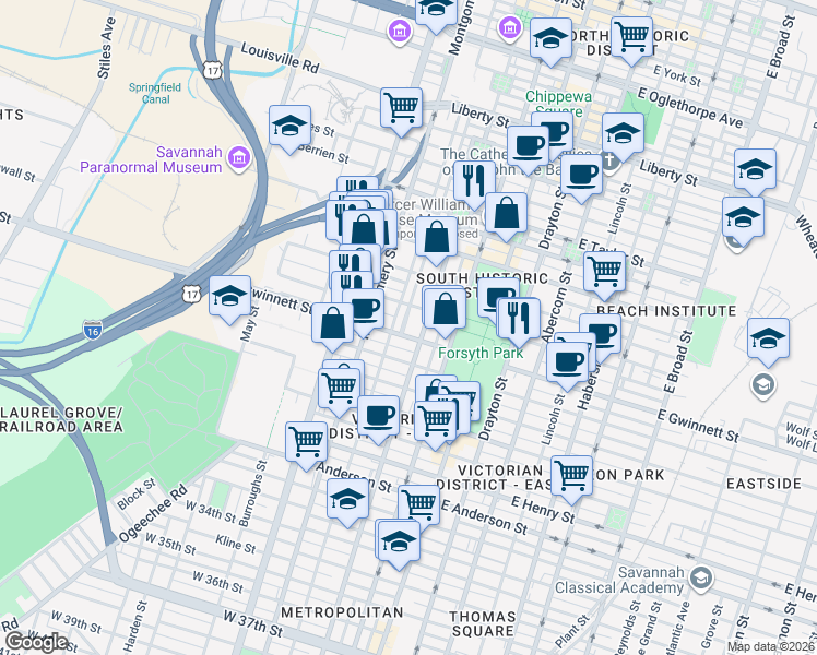 map of restaurants, bars, coffee shops, grocery stores, and more near 215 West Hall Street in Savannah