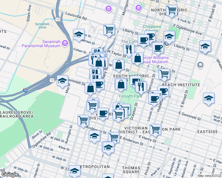 map of restaurants, bars, coffee shops, grocery stores, and more near 215 West Hall Street in Savannah