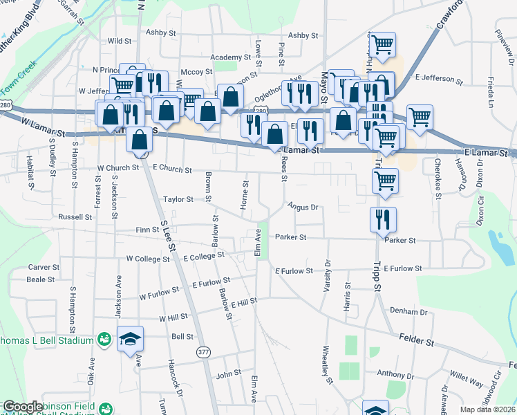 map of restaurants, bars, coffee shops, grocery stores, and more near 413 Jones Drive in Americus