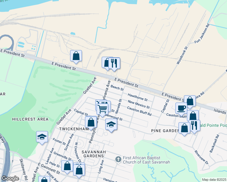 map of restaurants, bars, coffee shops, grocery stores, and more near 2015 Beech Street in Savannah