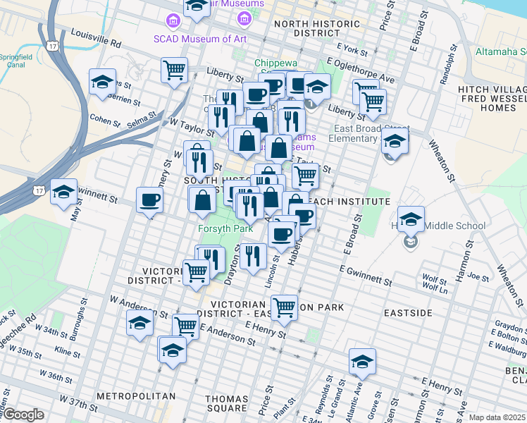 map of restaurants, bars, coffee shops, grocery stores, and more near 612 Drayton Street in Savannah