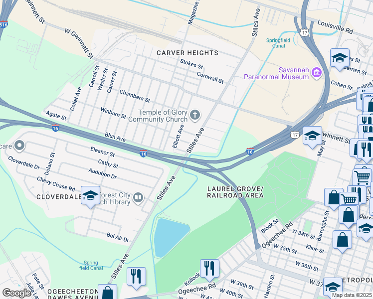 map of restaurants, bars, coffee shops, grocery stores, and more near 1205 McCarthy Avenue in Savannah