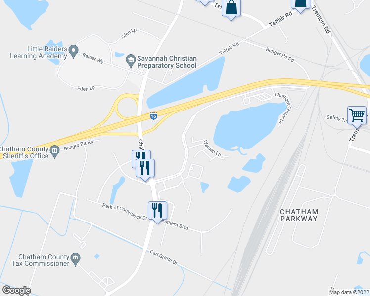 map of restaurants, bars, coffee shops, grocery stores, and more near Chatham Center S & Walden Ln in Savannah