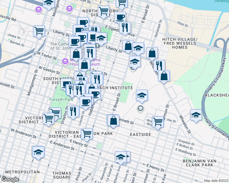 map of restaurants, bars, coffee shops, grocery stores, and more near 501 Blair Street in Savannah