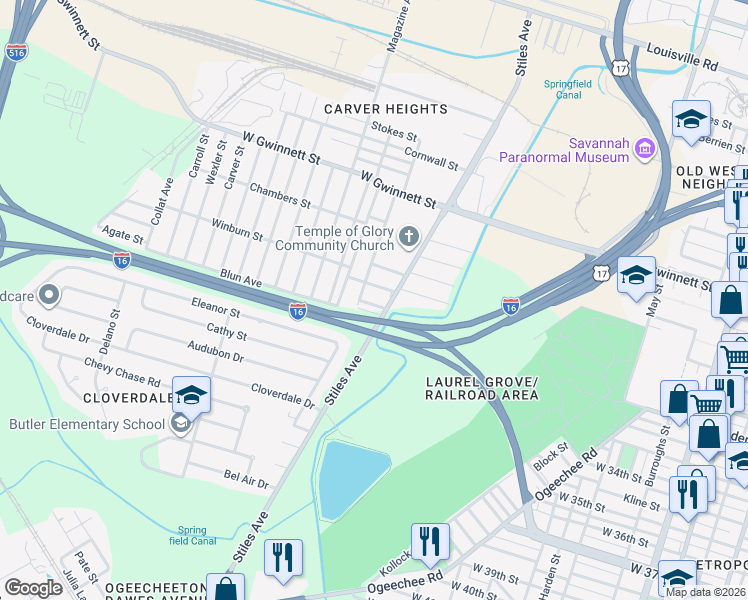 map of restaurants, bars, coffee shops, grocery stores, and more near 1205 McCarthy Avenue in Savannah