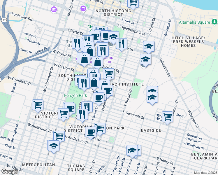 map of restaurants, bars, coffee shops, grocery stores, and more near 314 East Huntingdon Street in Savannah