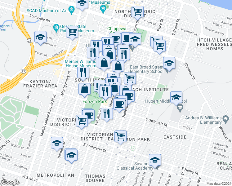 map of restaurants, bars, coffee shops, grocery stores, and more near 602 Abercorn Street in Savannah