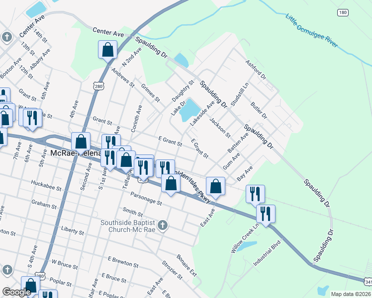 map of restaurants, bars, coffee shops, grocery stores, and more near 70 East Grant Street in McRae-Helena