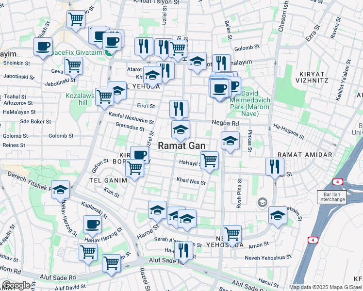 map of restaurants, bars, coffee shops, grocery stores, and more near in Ramat Gan