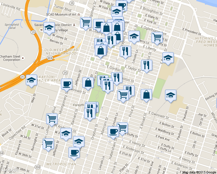 map of restaurants, bars, coffee shops, grocery stores, and more near 612 Drayton St in Savannah