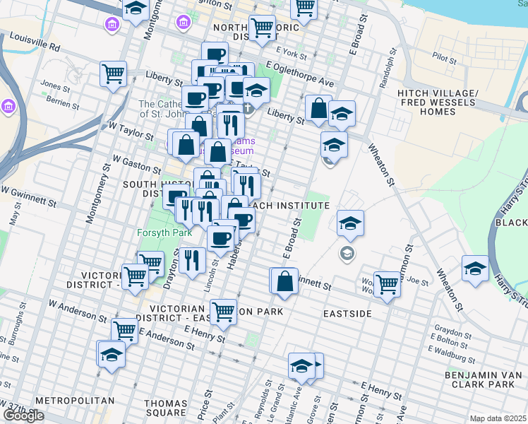 map of restaurants, bars, coffee shops, grocery stores, and more near 501 Price Street in Savannah