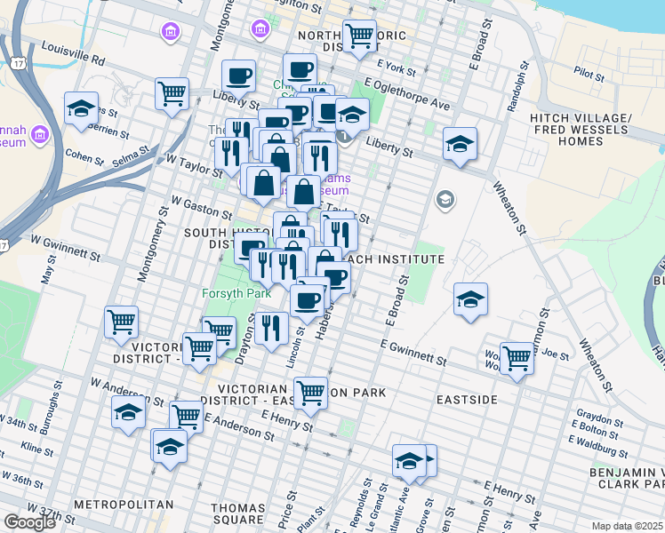 map of restaurants, bars, coffee shops, grocery stores, and more near 314 East Huntingdon Street in Savannah