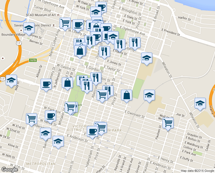 map of restaurants, bars, coffee shops, grocery stores, and more near 314 East Huntingdon Street in Savannah