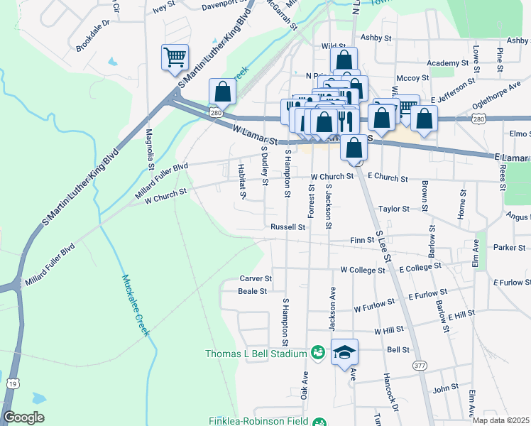 map of restaurants, bars, coffee shops, grocery stores, and more near 247 South Hampton Street in Americus