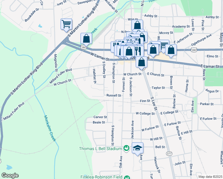 map of restaurants, bars, coffee shops, grocery stores, and more near 247 South Hampton Street in Americus