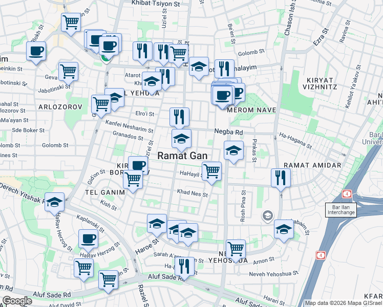 map of restaurants, bars, coffee shops, grocery stores, and more near 15 Dvora HaNevi'a Street in Ramat Gan
