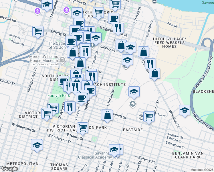 map of restaurants, bars, coffee shops, grocery stores, and more near 525 East Gaston Street in Savannah