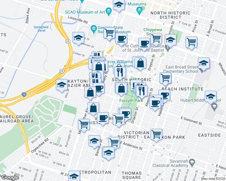 map of restaurants, bars, coffee shops, grocery stores, and more near 215 West Hall Street in Savannah