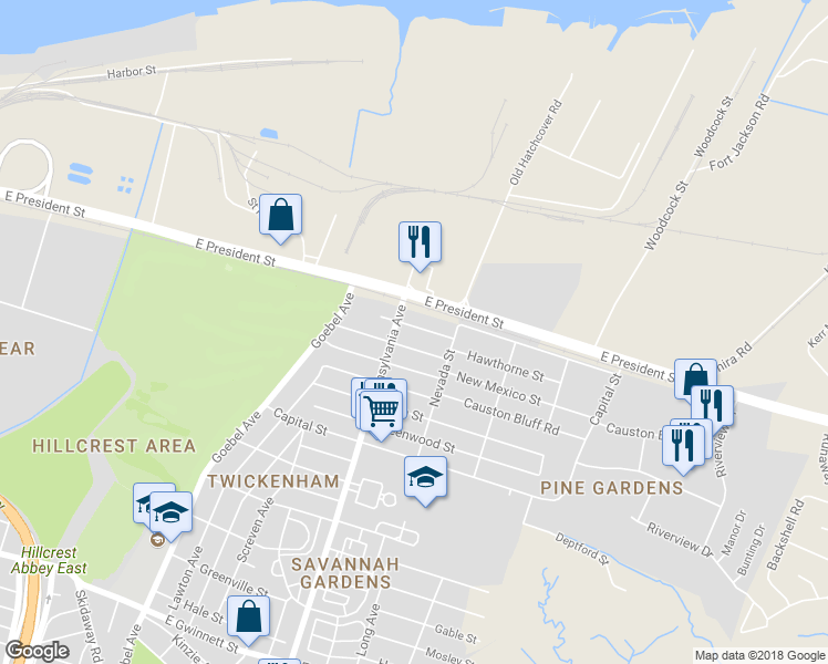 map of restaurants, bars, coffee shops, grocery stores, and more near 2015 Beech Street in Savannah