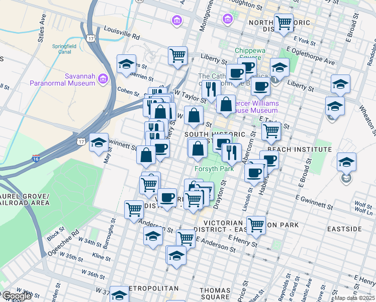 map of restaurants, bars, coffee shops, grocery stores, and more near 701 Barnard Street in Savannah