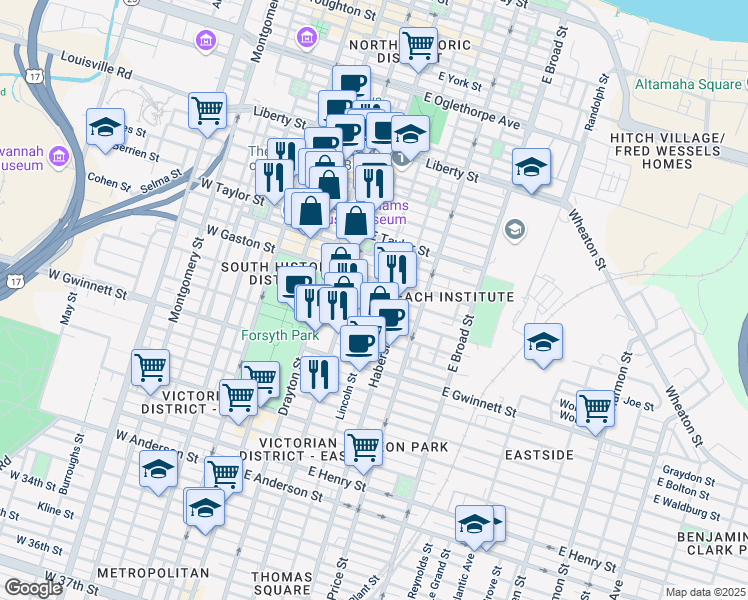 map of restaurants, bars, coffee shops, grocery stores, and more near 314 East Huntingdon Street in Savannah